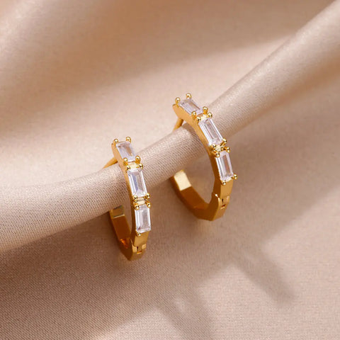 Rectangle Zircon Earrings for Women - Gold Plated Stainless Steel Hoop Earrings - 2023 Trending Luxury Wedding Couple Jewelry Gift