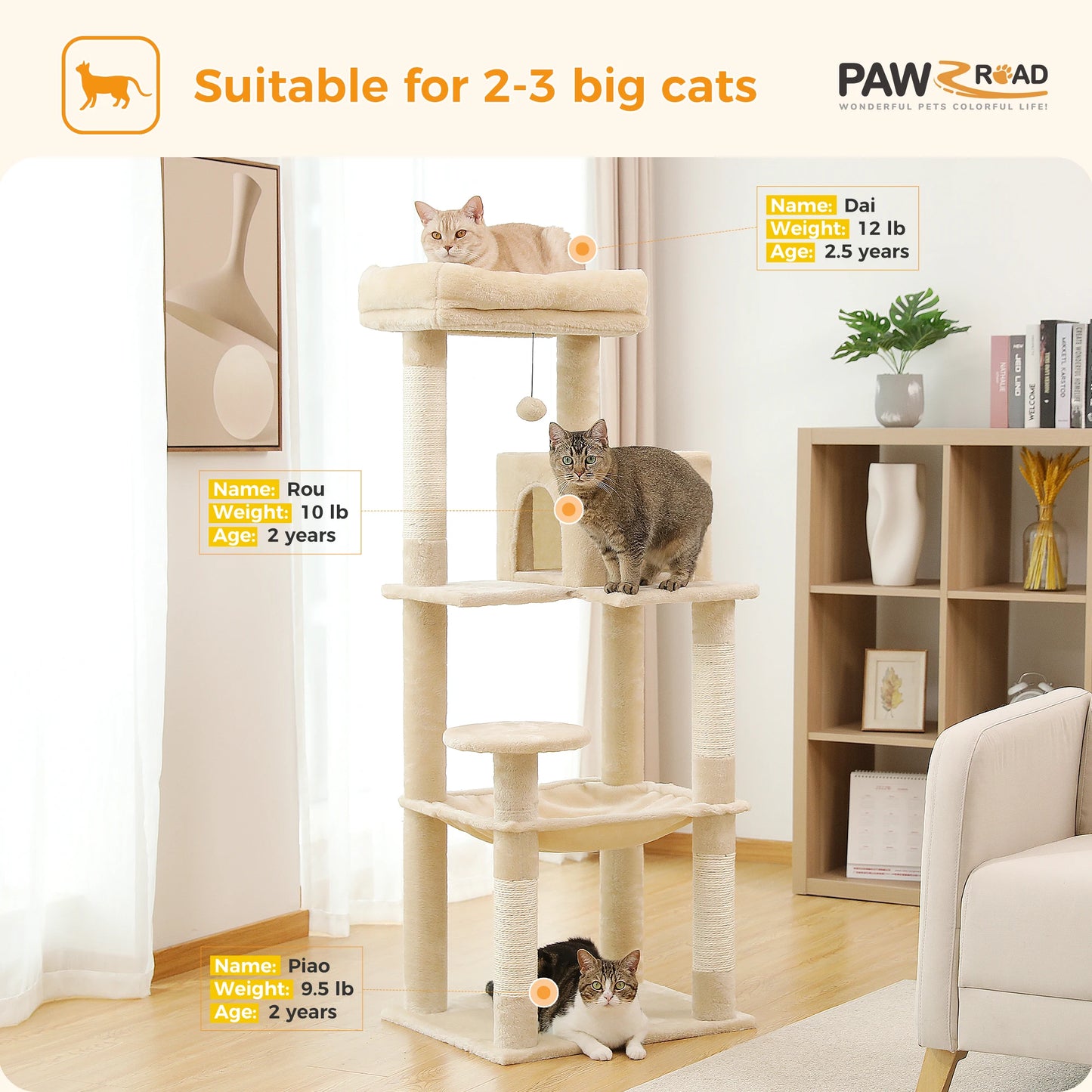 5-Level Cat Tree Tower for Large Indoor Cats with Hammock and Cozy Perch
