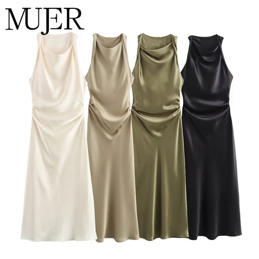 MUJER Satin Ruched Long Dresses