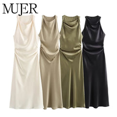 MUJER Satin Ruched Long Dresses