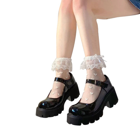 Women’s Lolita Transparent Mesh Crew Socks with Ruffled Lace Trim and Bowknot