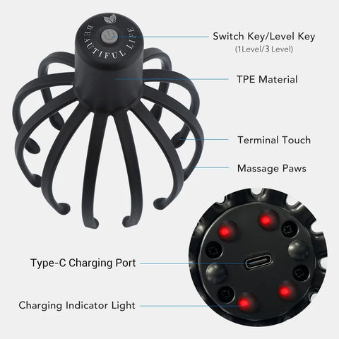 Electric Octopus Claw Scalp Massager – Hands-Free 3-Level Head Massage with LED Red Light