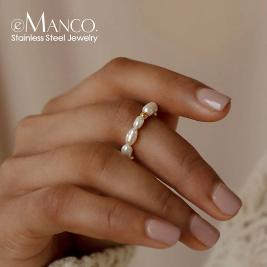 eManco Korean Imitation Pearl Minimalist Finger Ring - Elegant White Round Pearl Wedding Anniversary Gift