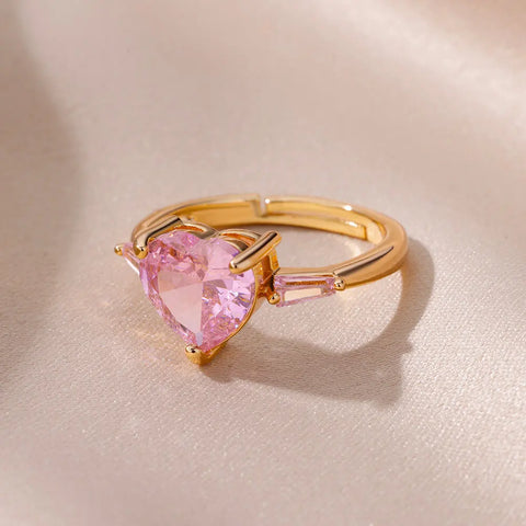Pink Zircon Heart Rings for Women - Adjustable Gold Plated Stainless Steel Ring - 2025 Trend Wedding Aesthetic Jewelry Gift