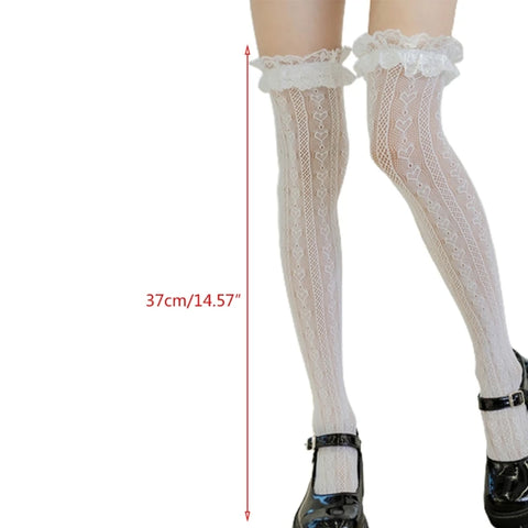 Women’s Lolita Fishnet Thigh High Socks - Japanese Style Heart Striped Lace Patterned Over Knee Long Stockings