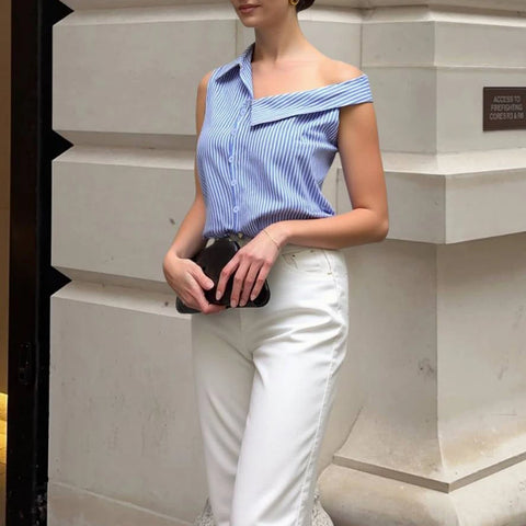 Mia Muse One-Shoulder Striped Summer Shirt