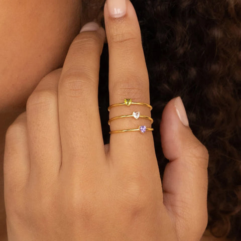 Zircon Heart Birthstone Rings for Women - Adjustable Gold Color Stainless Steel Wedding Jewelry Gift