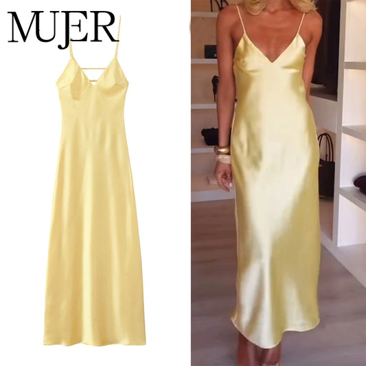 MUJER Yellow Satin Slip Dress for Women