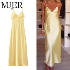 MUJER Yellow Satin Slip Dress for Women