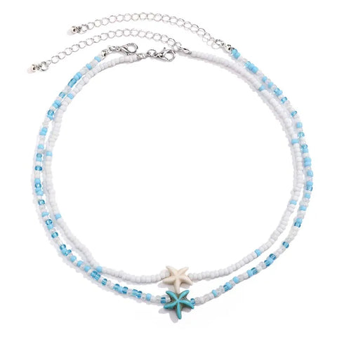 Bohemian Double Seed Bead Chain Clavicle Necklace with Vintage Acrylic Turtle and Starfish Pendant for Women