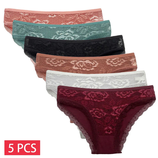 5 PCS/Set New Arrival Sexy Low-rise Underwear - Soft Lace Transparent Cotton Briefs for Women