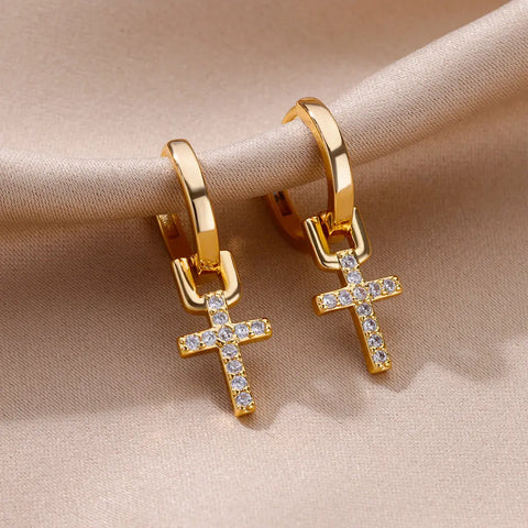 Zircon Cross Dangle Earrings for Women – Trendy Stainless Steel Wedding Jewelry