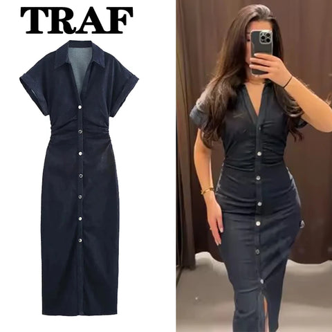TRAF Denim Dress Women's Casual Midi Dress 2025