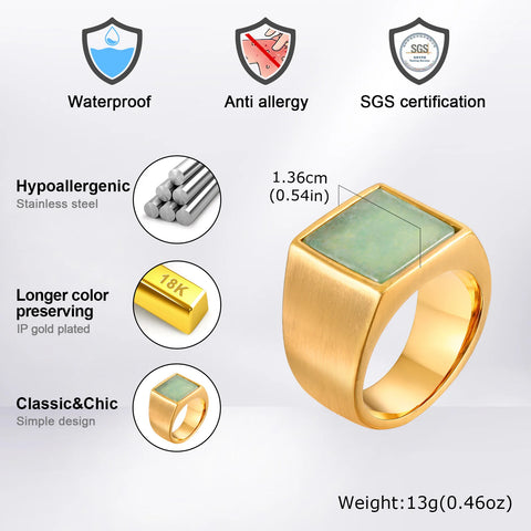Natural Green Stone Ring for Men and Boys - Stylish Gold Color Stainless Steel Punk Ring