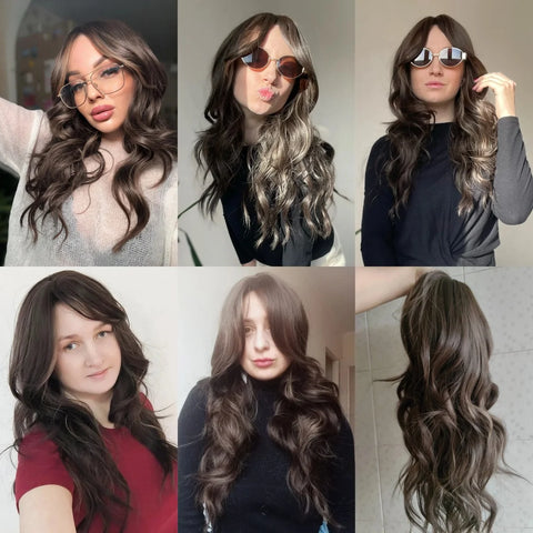 EASIHAIR Long Wavy Brown Synthetic Wig for Women with Side Bangs - Natural Look, Heat Resistant for Daily Wear