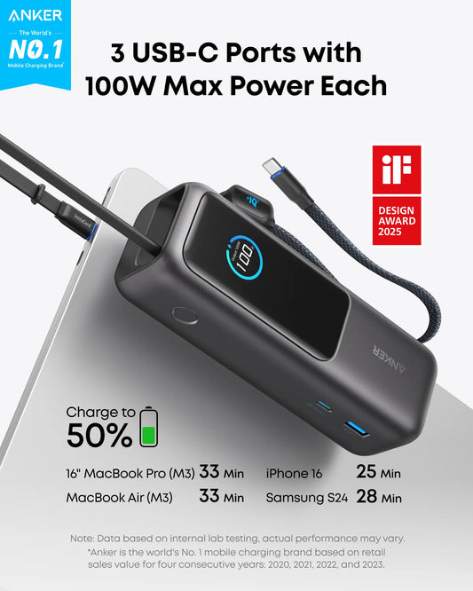 Anker Laptop Power Bank – 25000mAh 100W Triple USB-C Charging
