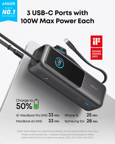 Anker Laptop Power Bank – 25000mAh 100W Triple USB-C Charging