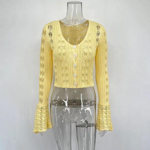 TARUXY Hol gebreide cardigan - Dames effen lange mouwen V-hals korte trui top