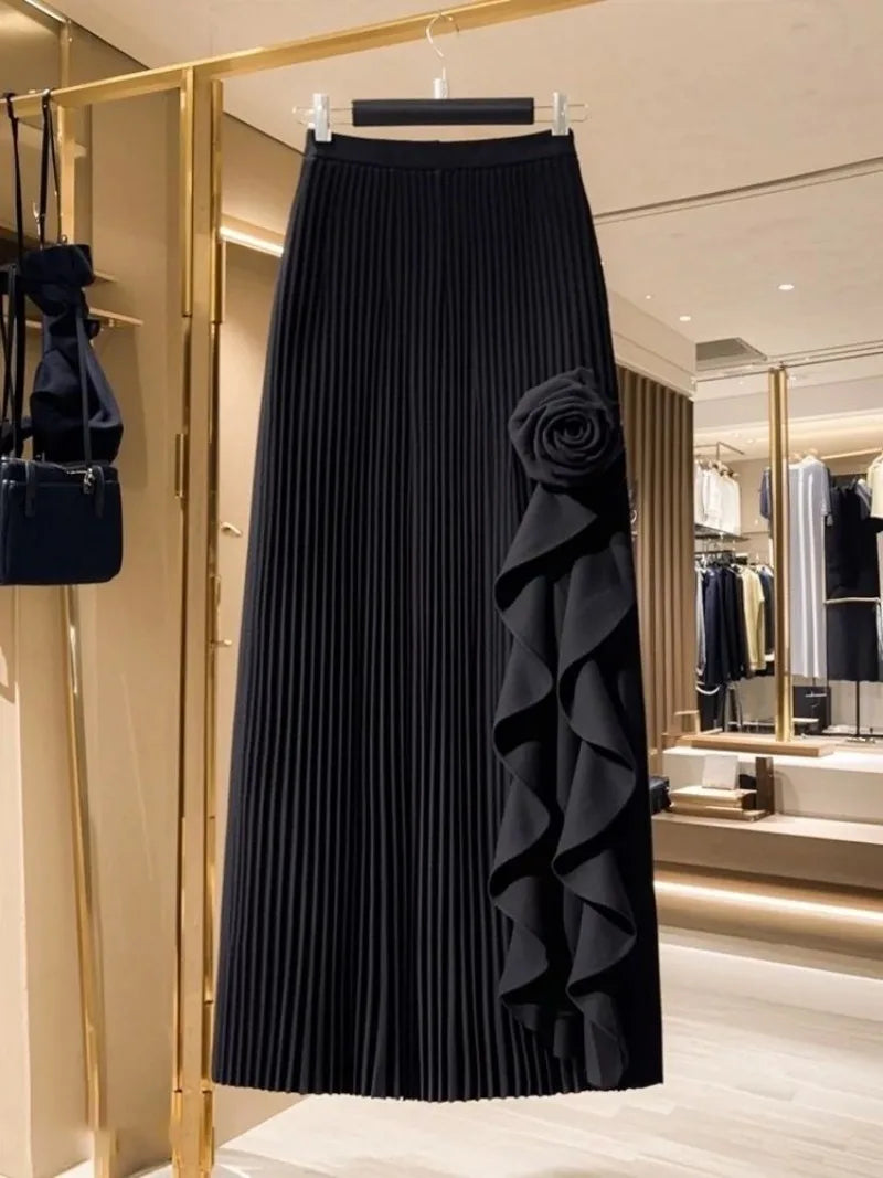 OCEANLOVE Irregular Ruffles Women Skirts - Elegant Retro Pleated A-line Skirt for Autumn & Winter
