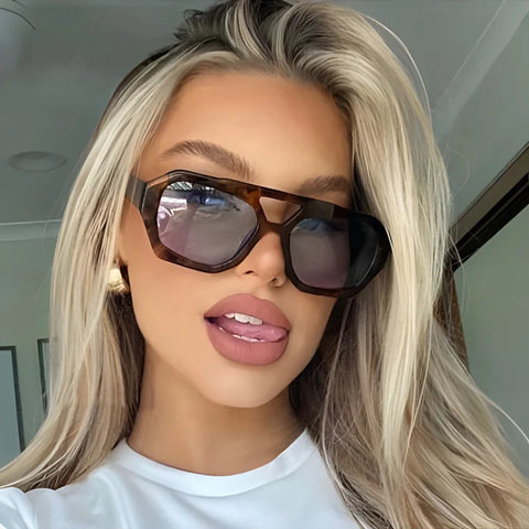 SHAUNA Retro Dubbele Brug Vierkante Zonnebril – Heldere Oceaan Lens UV400 Unisex Polygon Shades
