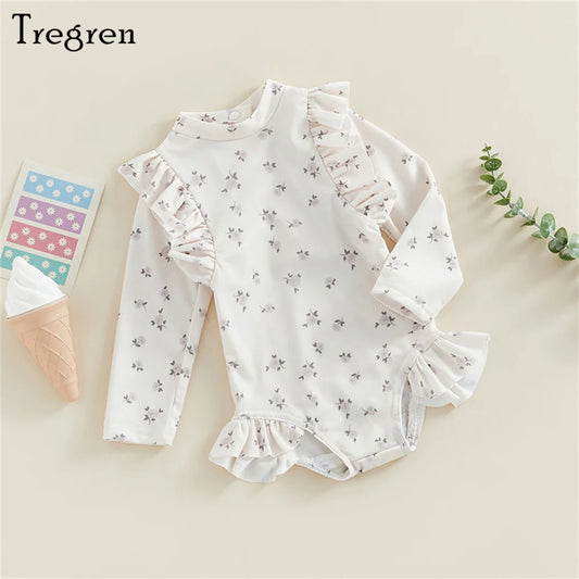 Tregren Kids Baby Girls Long Sleeve Floral Plaid Swimsuit