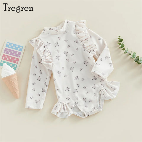 Tregren Kids Baby Meisjes Lange Mouwen Bloemen Geruit Badpak