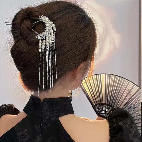 Handmade Pearl Tassel Hair Sticks for Women - Vintage Chinese Style U-Shaped Hairpin