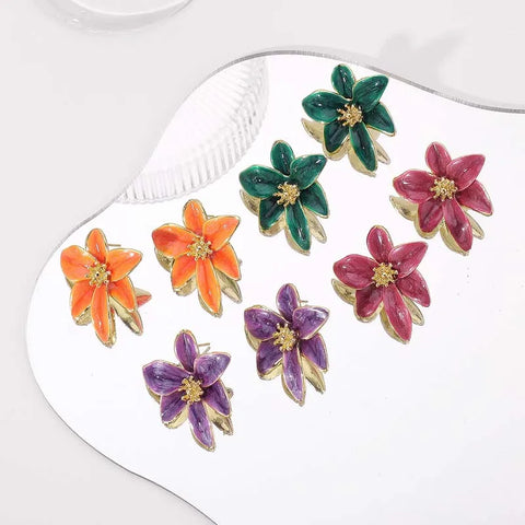Vintage Red Enamel Flower Stud Earrings - Sweet Dripping Oil Style for Women