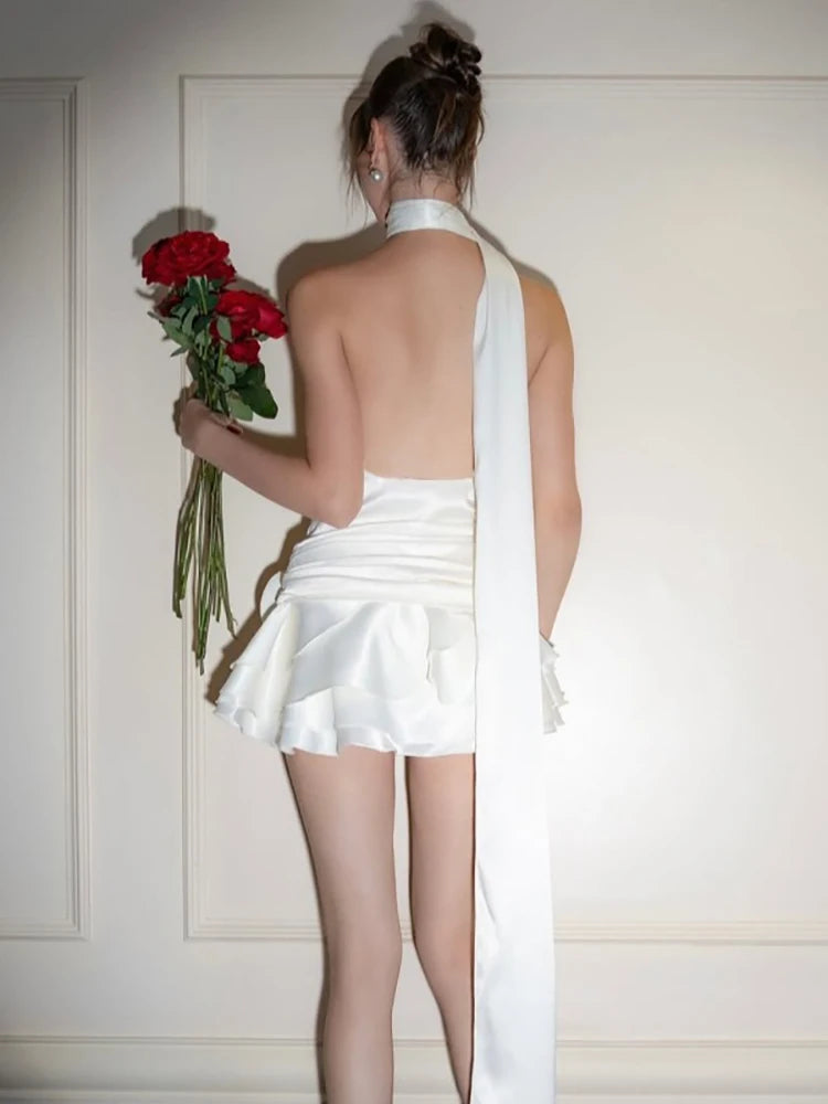 Fantoye Satin Sexy Backless 3D Flowers Women Dress - White Halter A-line Party Clubwear
