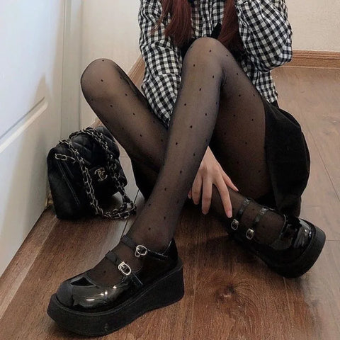 Bow/Heart Thin Lady Tights Pantyhose - Black/White Polka Dot Silk Stockings for Nightclub Wear