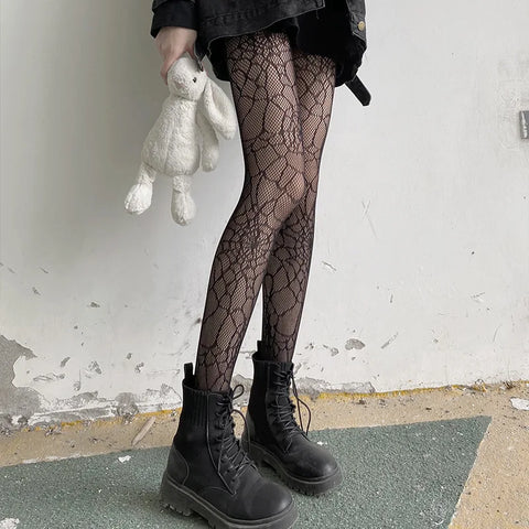 Black Spider Web Mesh Pantyhose for Women - Gothic Lace Fishnet Tights