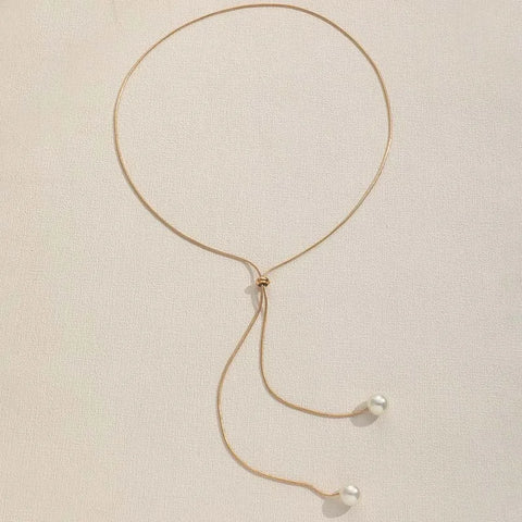 Silver Long Tassel Pearl Pendant Necklace - Adjustable Choker Jewelry for Women