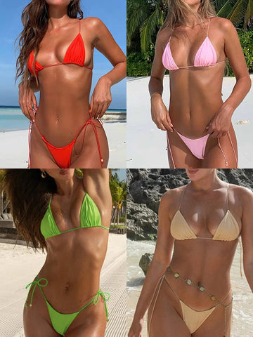 ZRTAK geplooide blauwe triangelbikiniset - microstringbadmode voor dames