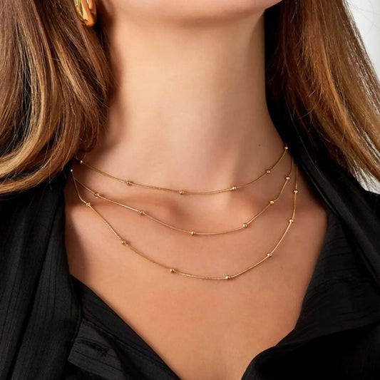 Stainless Steel Beaded Round Snake Chain Necklace for Women - Gold Geometric Luxury Jewelry
