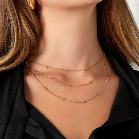 Stainless Steel Beaded Round Snake Chain Necklace for Women - Gold Geometric Luxury Jewelry
