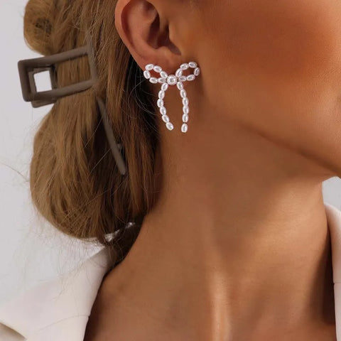 Vintage White Imitation Pearl Bowknot Stud Earrings for Women - Handmade Woven Beaded Statement Jewelry 2024