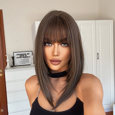 Medium Straight Synthetic Bob Wig Dark Black Brown Short Wigs With Bangs for Women Cosplay Daily Layered Hair Heat Resistant