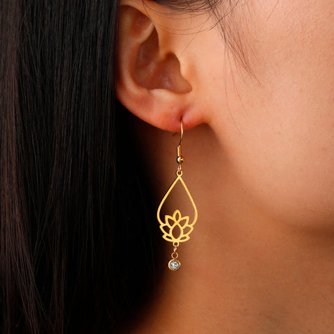 Skyrim Lotus Flower Rhinestone Dangle Earrings - Gold Stainless Steel Bohemian Jewelry for Women