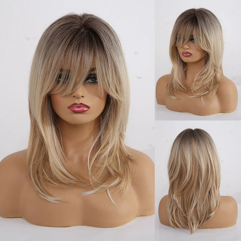 EASIHAIR Ombre Brown Blonde Wigs with Bangs - Layered Heat Resistant Synthetic Wig for Women