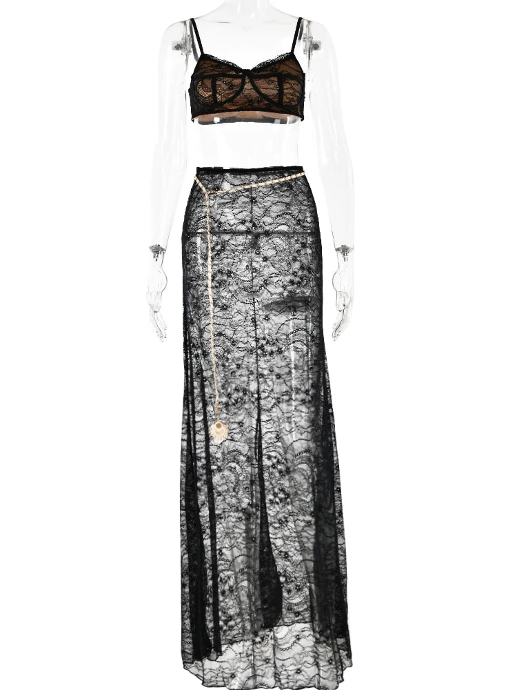 Fantoye Sexy Lace Chain Skirt Suit with Floral Print - White Spaghetti Strap Crop Top and Skirt Set