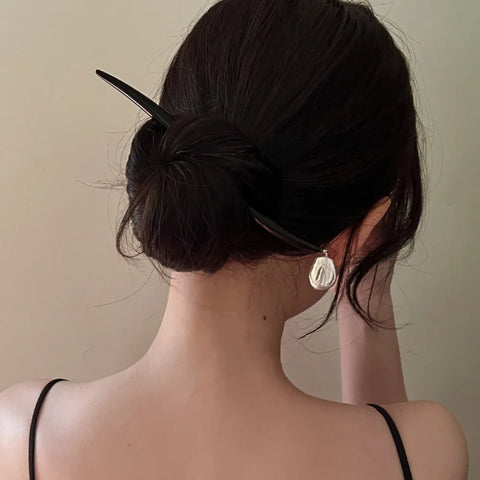 Chinese Style Natural Baroque Irregular Pearl Geometric Hairpin with Curved Sandalwood - Classic Hair Ornaments