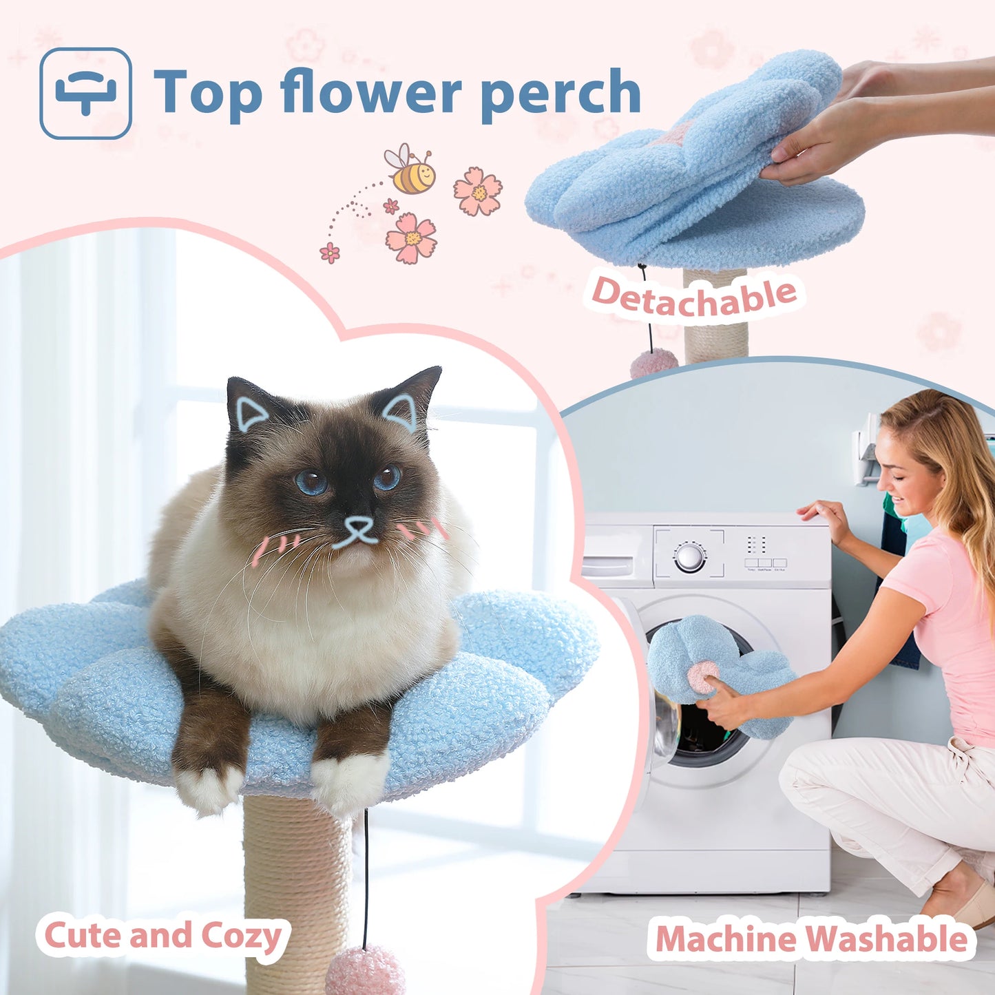Flower Cat Tree with Large Metal Frame Hammock - Cute Cat Tower with Sisal Scratching Posts for Indoor Cats