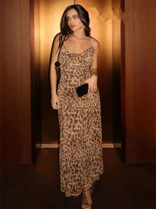 MUJER Leopard Print Tulle Slip Dress