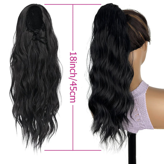 Synthetic Long Wavy Ponytail Hair Extension - 18 Inch Brown Blonde Mix