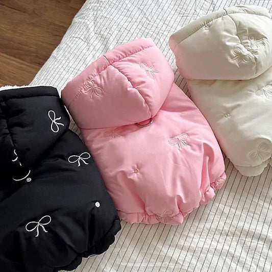 Fashion Bow-Embroidered Dog Coat - Stylish Hooded Down Jacket for Winter Warmth