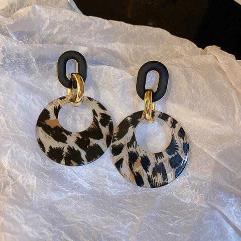 Vintage Black Leopard Print Circle Drop Earrings for Women - Trendy Acrylic Round Geometric Dangle Jewelry 2025