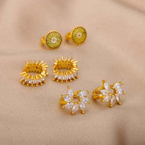 Fashion Zircon Circle Drop Earrings for Women - Gold Stainless Steel Dangle Jewelry Gift