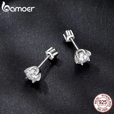 BAMOER White Gold Moissanite Earrings – 925 Sterling Silver Stud Huggies