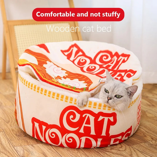 New Winter Cartoon Ramen Cat Nest – Warm, Cute Semi-Enclosed Cat Bed