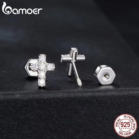 BAMOER White Gold Moissanite Cross Earrings – 925 Sterling Silver Stud Huggies